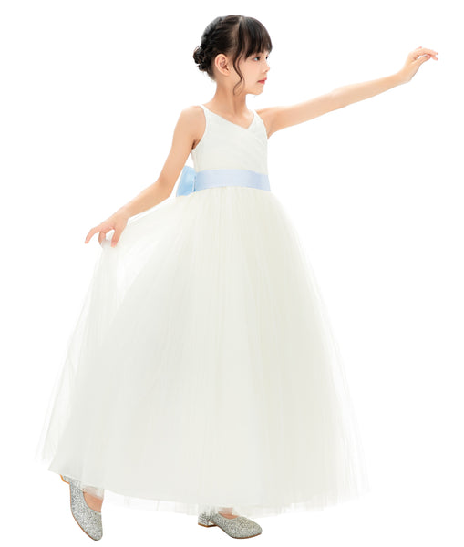 V-Neck Ivory Tulle Flower Girl Dress with Tiebow for Special Occasions Junior Bridesmaid 218noFT(3)