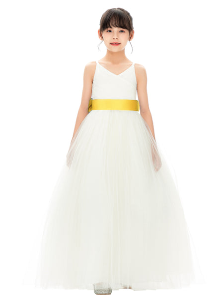 V-Neck Ivory Tulle Flower Girl Dress with Tiebow for Special Occasions Junior Bridesmaid 218noFT(3)