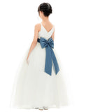 V-Neck Ivory Tulle Flower Girl Dress with Tiebow for Special Occasions Junior Bridesmaid 218noFT(3)