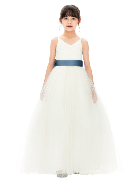 V-Neck Ivory Tulle Flower Girl Dress with Tiebow for Special Occasions Junior Bridesmaid 218noFT(3)