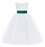 White V-Back Satin Flower Girl Dresses with Colored Sash Special Occasion Formal Events 219T(5)