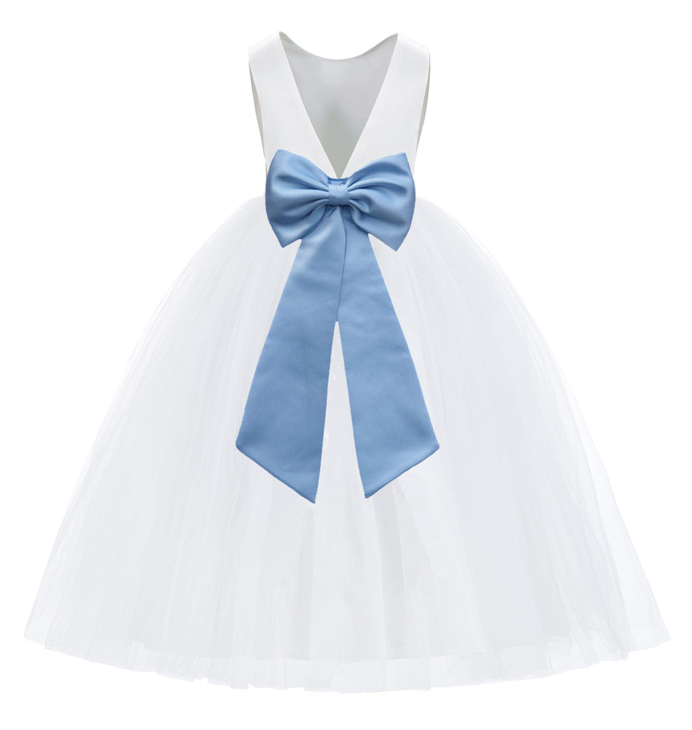White V-Back Satin Flower Girl Dresses with Colored Sash 219T(5) Dusty Lavender / 8 White V-Back Satin Flower Girl Dresses with Colored Sash 219T(5) Dusty Lavender / 8