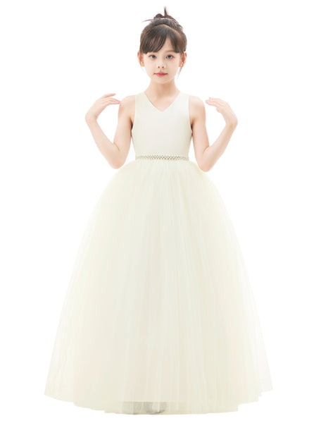 Crossed Straps Satin Flower Girl Dress with Rhinestones for Dance Recital Princess Ballroom Gown 240