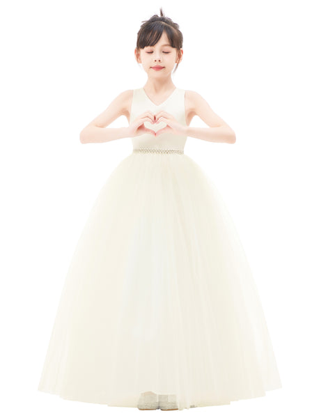 Crossed Straps Satin Flower Girl Dress with Rhinestones for Dance Recital Princess Ballroom Gown 240