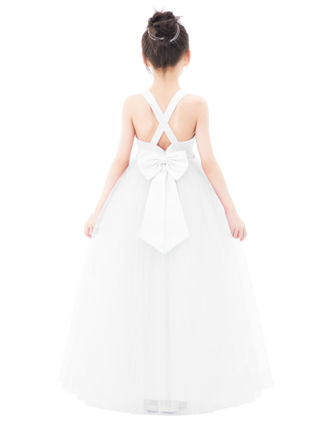 Crossed Straps Satin Flower Girl Dress with Rhinestones for Dance Recital Princess Ballroom Gown 240