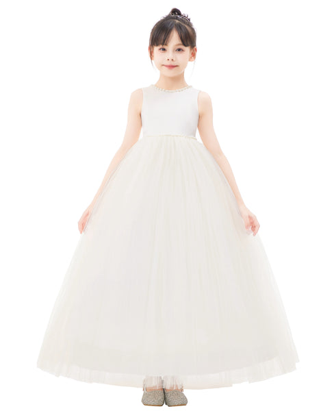 V-Back Satin Flower Girl Dresses with Pearl Beaded Trim for Communion Baptism Christening Gown 241