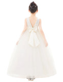 V-Back Satin Flower Girl Dresses with Pearl Beaded Trim for Communion Baptism Christening Gown 241