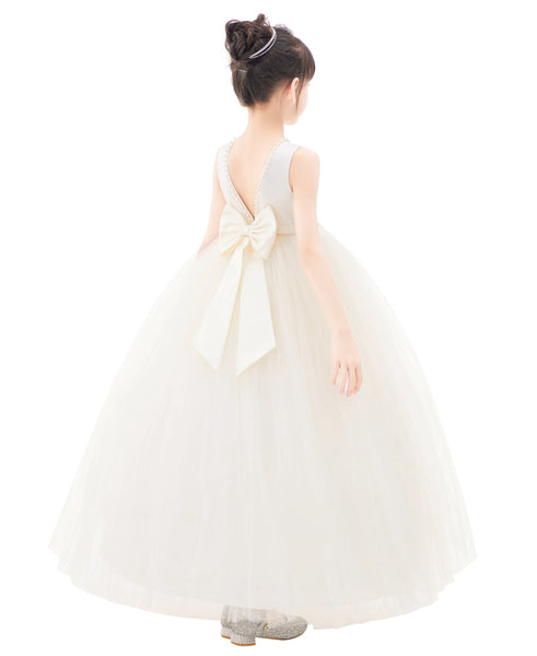 V-Back Satin Flower Girl Dresses with Pearl Beaded Trim for Communion Baptism Christening Gown 241