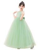 V-Back Satin Flower Girl Dresses with Pearl Beaded Trim for Communion Baptism Christening Gown 241