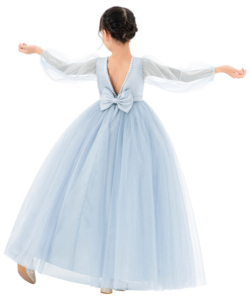 V-Back Flower Girl Dress with Tulle Sleeves for Special Occasions Wedding Beauty Pageant Recital 249