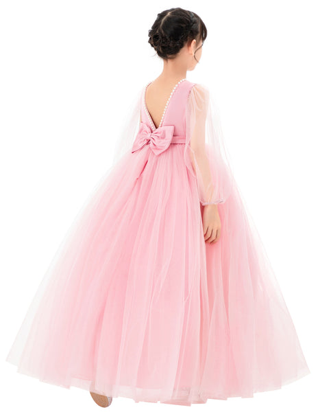 V-Back Flower Girl Dress with Tulle Sleeves for Special Occasions Wedding Beauty Pageant Recital 249