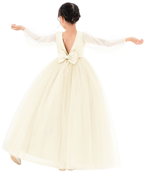 V-Back Flower Girl Dress with Tulle Sleeves for Special Occasions Wedding Beauty Pageant Recital 249