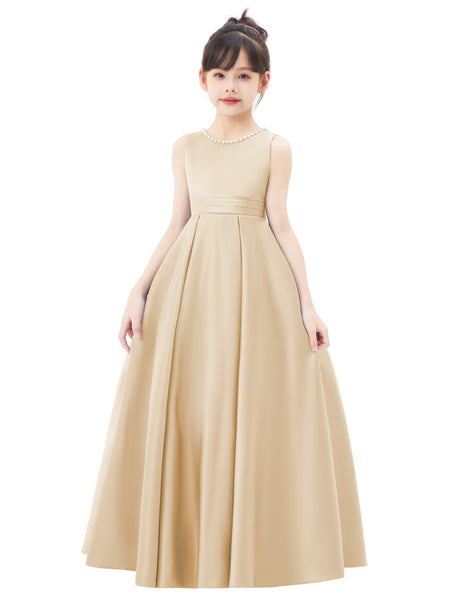 Pearl Beaded V-Back Satin A-Line Flower Girl Dress for Pageant Wedding Ceremonial Gown Toddlers 327