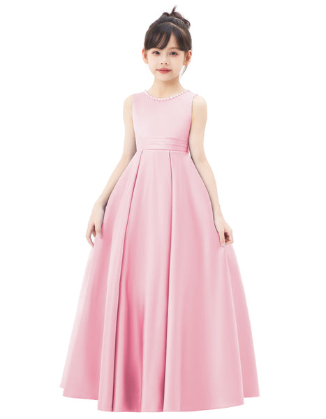 Pearl Beaded V-Back Satin A-Line Flower Girl Dress for Pageant Wedding Ceremonial Gown Toddlers 327