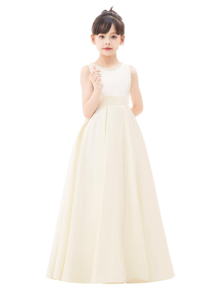 Pearl Beaded V-Back Satin A-Line Flower Girl Dress for Pageant Wedding Ceremonial Gown Toddlers 327