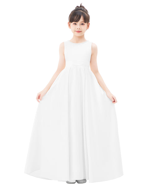 Pearl Beaded V-Back Satin A-Line Flower Girl Dress for Pageant Wedding Ceremonial Gown Toddlers 327