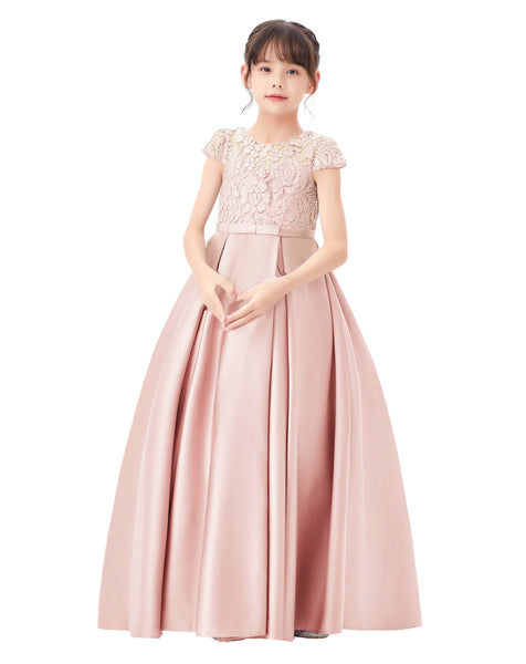 Illusion Lace Cap Sleeves Flower Girl Dress Elegant Princess Junior Bridesmaid Ballroom Dance L246