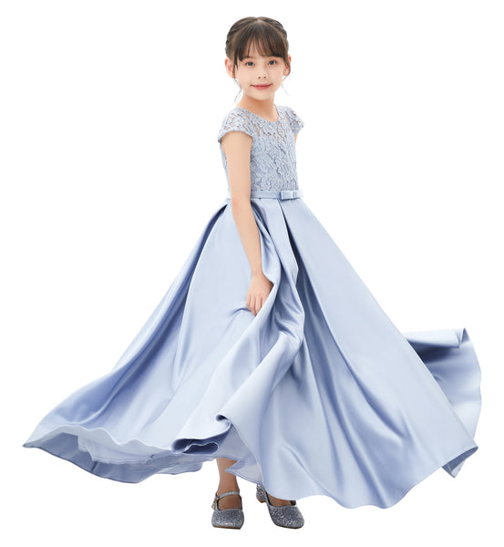 Illusion Lace Cap Sleeves Flower Girl Dress Elegant Princess Junior Bridesmaid Ballroom Dance L246