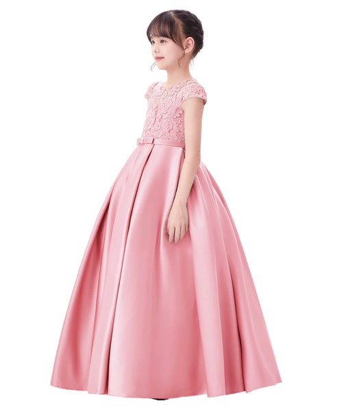 Illusion Lace Cap Sleeves Flower Girl Dress Elegant Princess Junior Bridesmaid Ballroom Dance L246