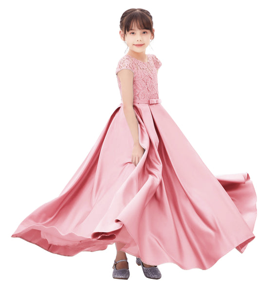 Illusion Lace Cap Sleeves Flower Girl Dress Elegant Princess Junior Bridesmaid Ballroom Dance L246