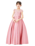 Illusion Lace Cap Sleeves Flower Girl Dress Elegant Princess Junior Bridesmaid Ballroom Dance L246