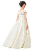 Illusion Lace Cap Sleeves Flower Girl Dress Elegant Princess Junior Bridesmaid Ballroom Dance L246