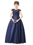 Illusion Lace Cap Sleeves Flower Girl Dress Elegant Princess Junior Bridesmaid Ballroom Dance L246