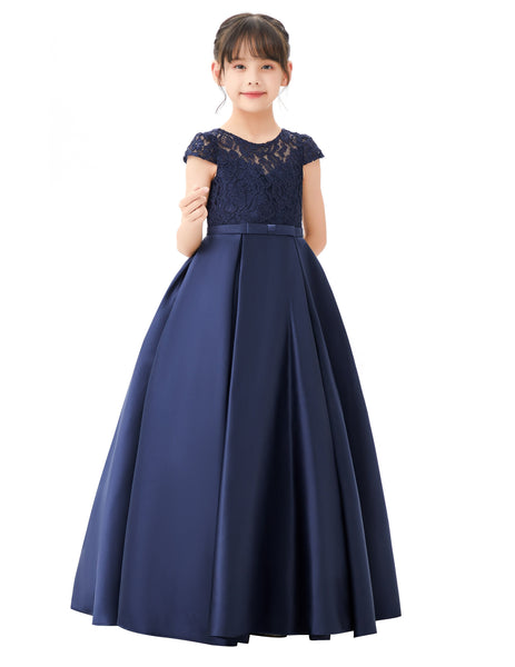 Illusion Lace Cap Sleeves Flower Girl Dress Elegant Princess Junior Bridesmaid Ballroom Dance L246