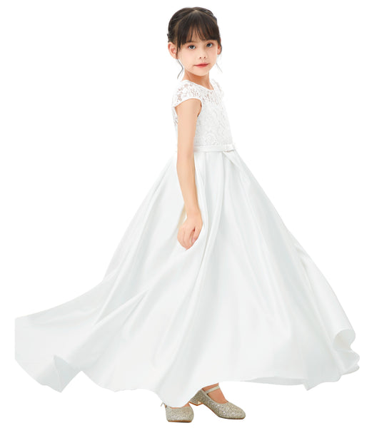 Illusion Lace Cap Sleeves Flower Girl Dress Elegant Princess Junior Bridesmaid Ballroom Dance L246