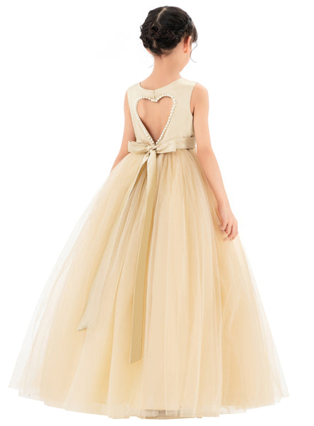 Satin Heart Cutout Flower Girl Dress with Pearl Beaded Trim for Pretty Princess Ceremonial Gown P250