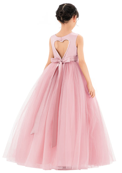 Satin Heart Cutout Flower Girl Dress with Pearl Beaded Trim for Pretty Princess Ceremonial Gown P250