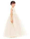 Satin Heart Cutout Flower Girl Dress with Pearl Beaded Trim for Pretty Princess Ceremonial Gown P250