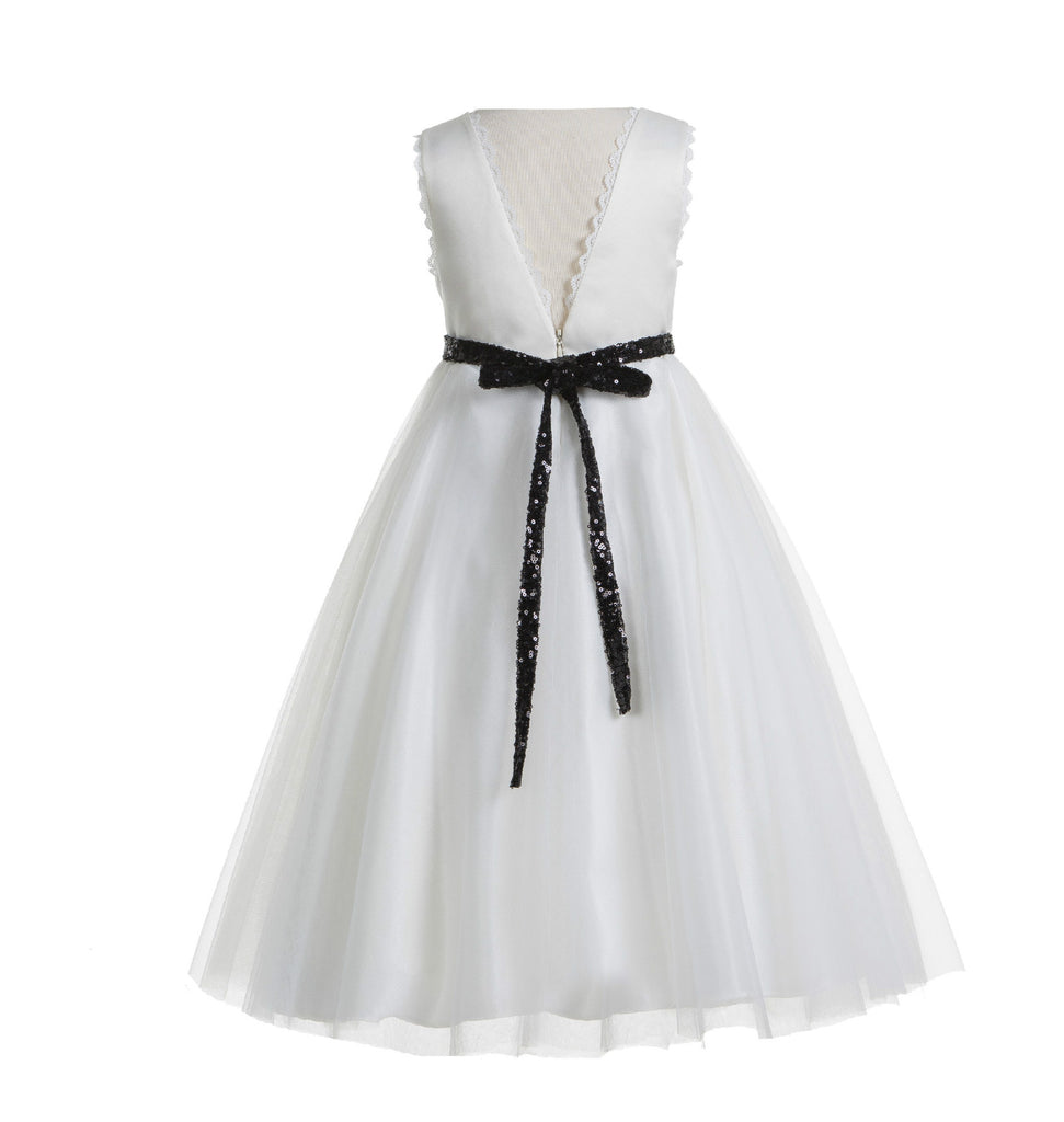 Ivory V-Back Lace Edge Junior Flower Girl Dress Holy Baptism First Communion Christening Dresses 183 Ivory / Black / 10 Ivory V-Back Lace Edge Junior Flower Girl Dress Holy Baptism First Communion Christening Dresses 183 Ivory / Black / 10