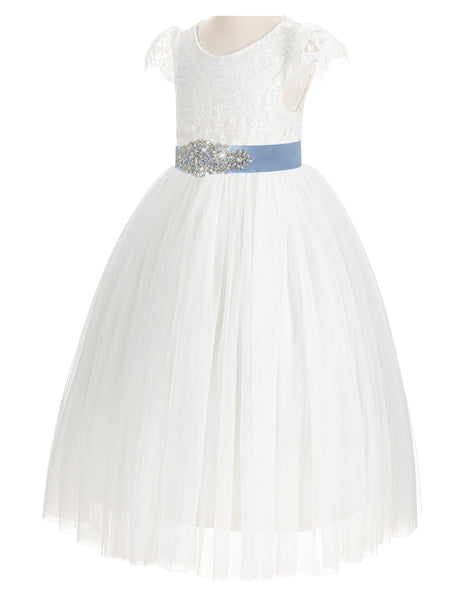 Ivory Cap Sleeves V-Back Lace Flower Girl Dresses for Wedding Reception Junior Bridesmaid Gown 622R3