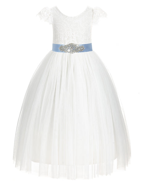 Ivory Cap Sleeves V-Back Lace Flower Girl Dresses for Wedding Reception Junior Bridesmaid Gown 622R3