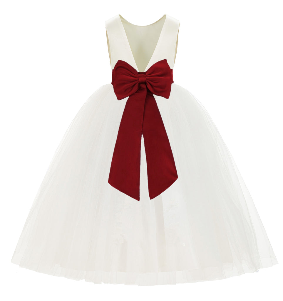 Ivory V-Back Satin Flower Girl Dresses with Colored Sash 219T(5) Biscotti / 12 Ivory V-Back Satin Flower Girl Dresses with Colored Sash 219T(5) Biscotti / 12