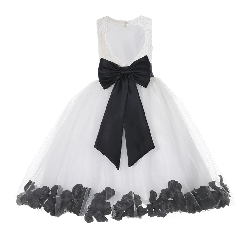 White Floral Lace Heart Cutout Rose Petals Flower Girl Dress Junior Br