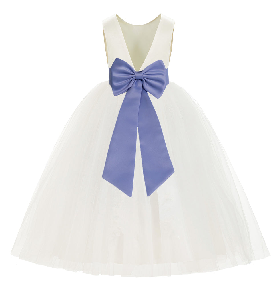 Ivory V-Back Satin Flower Girl Dresses with Colored Sash 219T(5