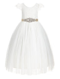 Ivory Cap Sleeves V-Back Lace Flower Girl Dresses for Wedding Reception Junior Bridesmaid Gown 622R3