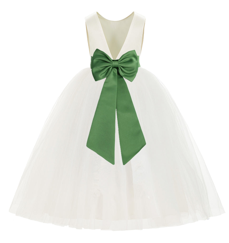 Ivory V-Back Satin Flower Girl Dresses with Colored Sash 219T(4) Clover Green / 8 Ivory V-Back Satin Flower Girl Dresses with Colored Sash 219T(4) Clover Green / 8