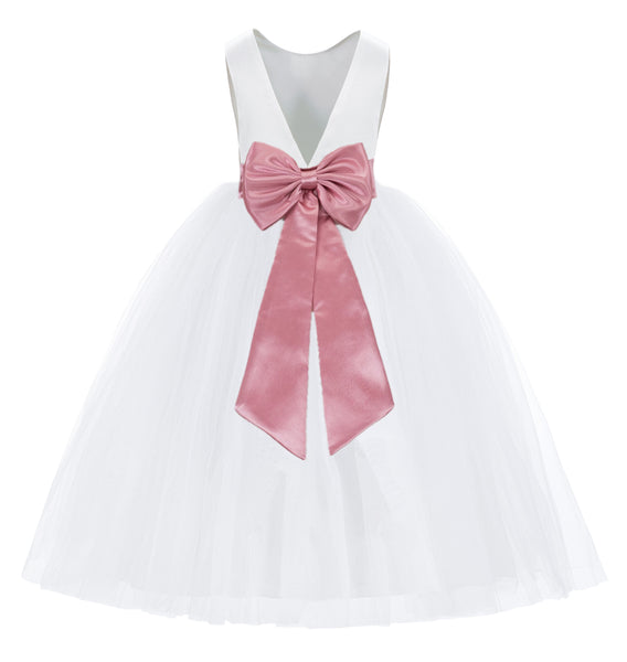 White V-Back Satin Flower Girl Dresses with Colored Sash Special Occasion Formal Events 219T(2)