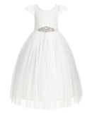 Ivory Cap Sleeves V-Back Lace Flower Girl Dresses for Wedding Reception Junior Bridesmaid Gown 622R3