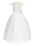 Ivory Cap Sleeves V-Back Lace Flower Girl Dresses for Wedding Reception Junior Bridesmaid Gown 622R3