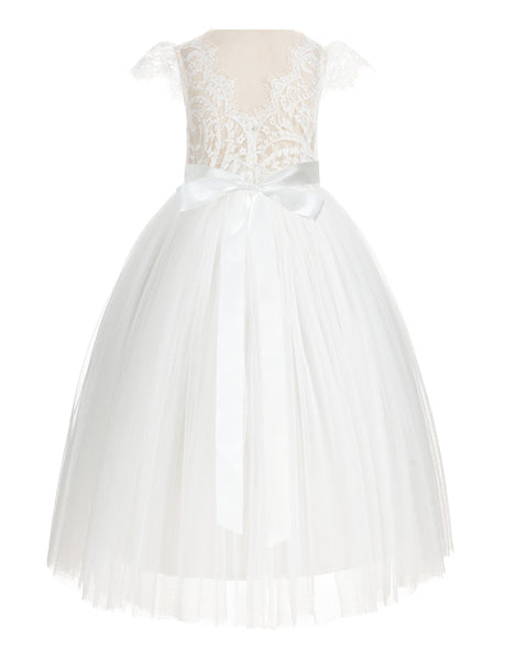 Ivory Cap Sleeves V-Back Lace Flower Girl Dresses for Wedding Reception Junior Bridesmaid Gown 622R3