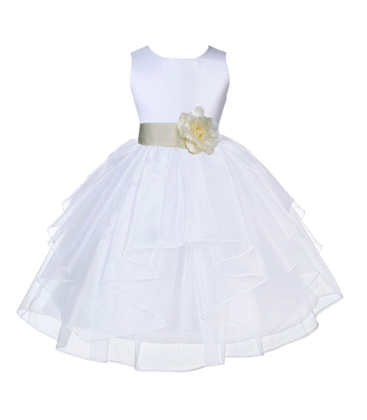 White Satin Shimmering Organza Flower Girl Dress Junior Formal Pageant Baptism Christening 4613T(2)