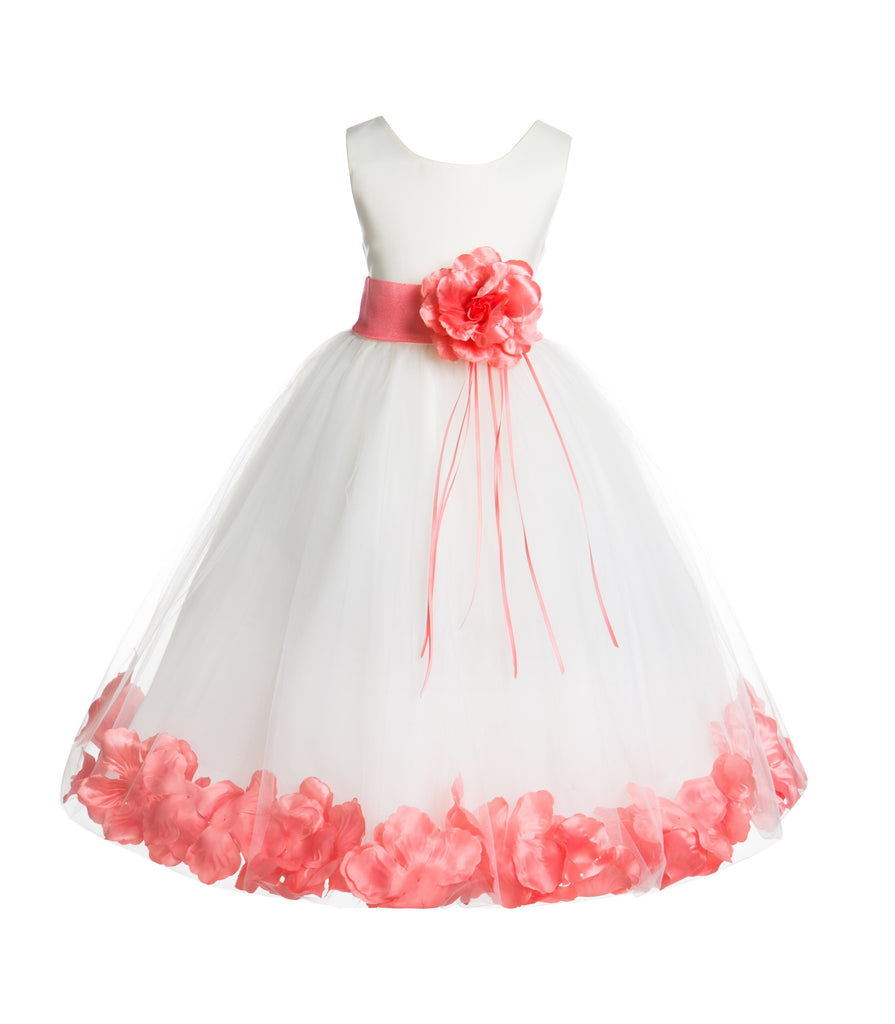 Satin Floral Rose Petals White Tulle Flower Girl Dress Wedding Pageant  Birthday 