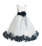 Ivory Tulle Floral Rose Petals Princess Wedding Pageant Recital Birthday Flower Girl Dress 007(1)