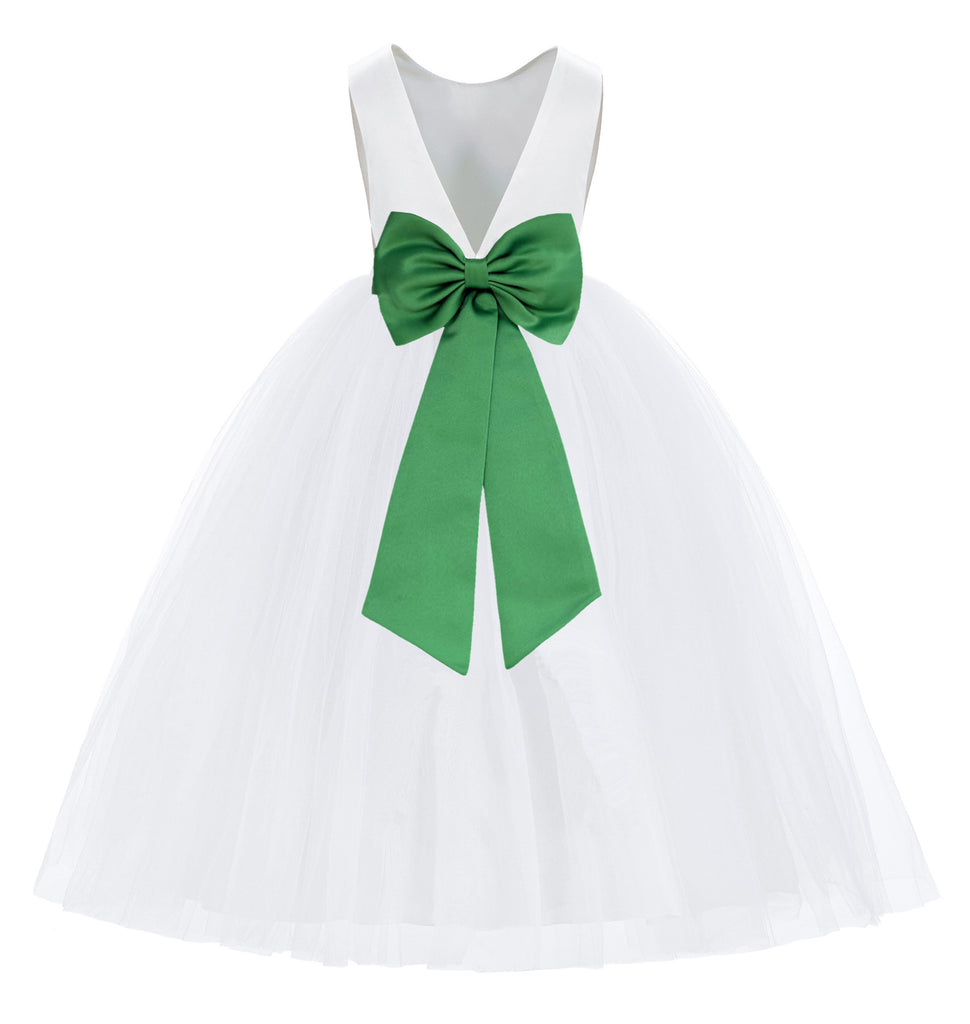 White V-Back Satin Flower Girl Dresses with Colored Sash 219T(3) Lime Green / 10 White V-Back Satin Flower Girl Dresses with Colored Sash 219T(3) Lime Green / 10