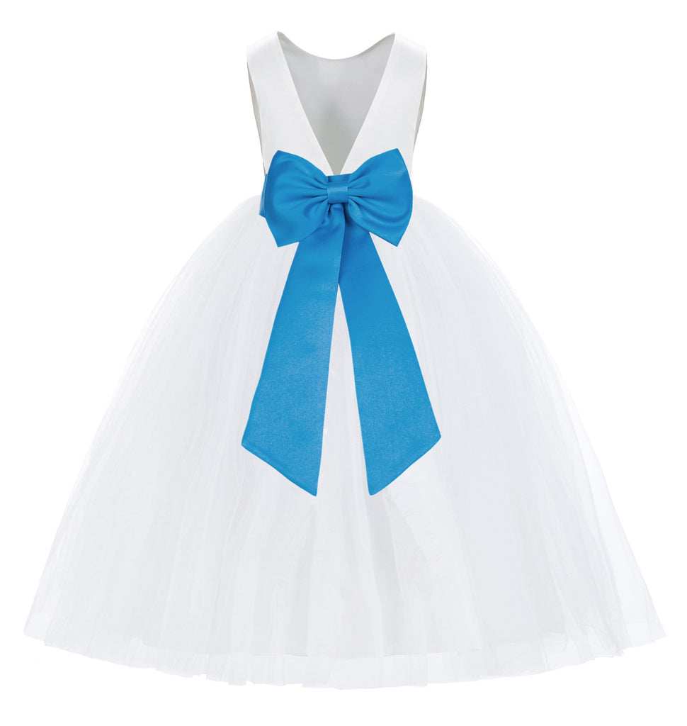 White V-Back Satin Flower Girl Dresses with Colored Sash 219T(3) Oasis / 6 White V-Back Satin Flower Girl Dresses with Colored Sash 219T(3) Oasis / 6