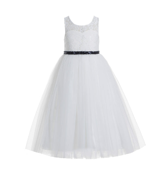 Ivory Lace Tulle Scoop Neck Keyhole Back A-Line Junior Flower Girl Dress Pageant Gown Communion 178